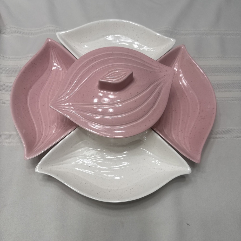 Vintage California Pottery Pink & Cream Chip Dip Set w Dip Lid L34 USA 6 Pc Set